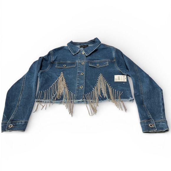 Juniors Denim Crop Jacket with Fringe Detail - Picture 2 of 8